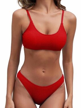Red Textured Bikini Set - Women Swimwear